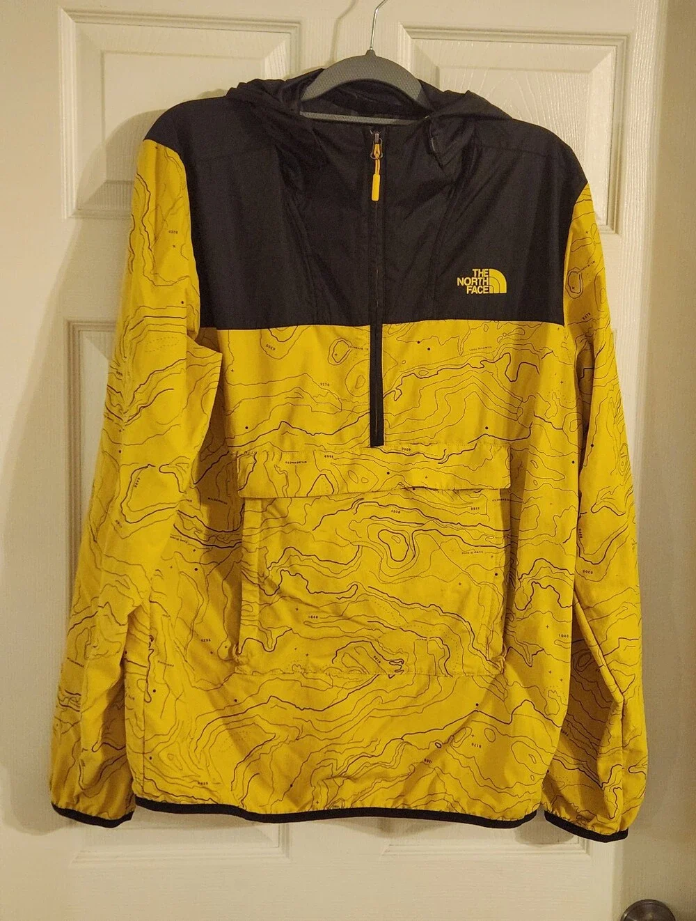 The North Face x UO Fanorak Mens L Yellow Black Topography Print Hooded Jacket